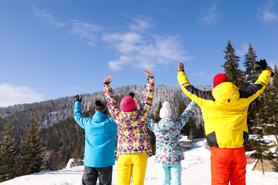 Group of cheerful friends in snowy mountains, back view. Winter vacation
