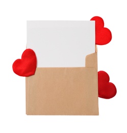 Blank card, envelope and red decorative hearts on white background, top view. Valentine's Day celebration