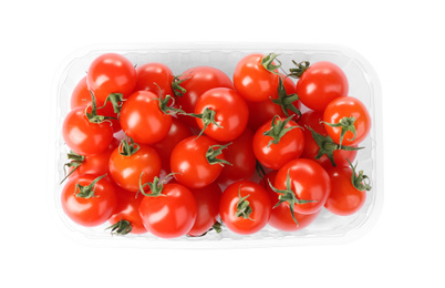 Tasty fresh raw tomatoes isolated on white, top view