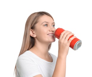 Photo of Beautiful woman drinking from beverage can on white background
