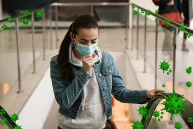 Young woman wearing disposable mask on escalator in mall. Dangerous virus