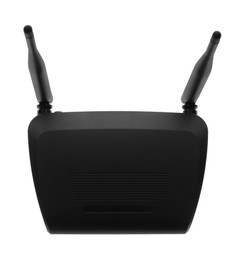 Modern Wi-Fi router on white background, top view