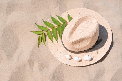 Straw hat, seashells and green leaves on sandy beach, top view. Space for text