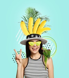 Happy woman with parrot on color background. Summer party concept. Stylish creative design