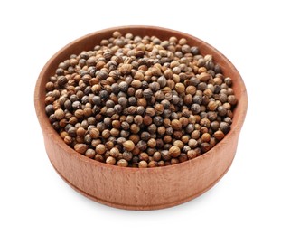 Photo of Wooden bowl of coriander grains on white background