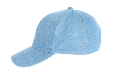 Stylish light blue baseball cap on white background