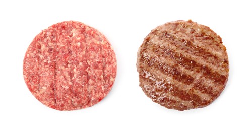 Raw and grilled hamburger patties on white background, collage. Banner design