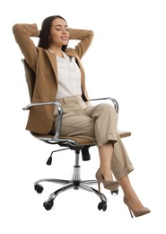 Young businesswoman relaxing in comfortable office chair on white background