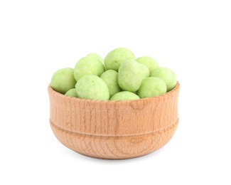 Tasty wasabi coated peanuts in wooden bowl on white background