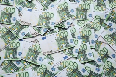 100 Euro banknotes as background, top view. Money exchange