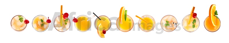 Set of Tequila Sunrise cocktails on white background, top view. Banner design