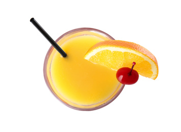 Fresh alcoholic Tequila Sunrise cocktail isolated on white, top view