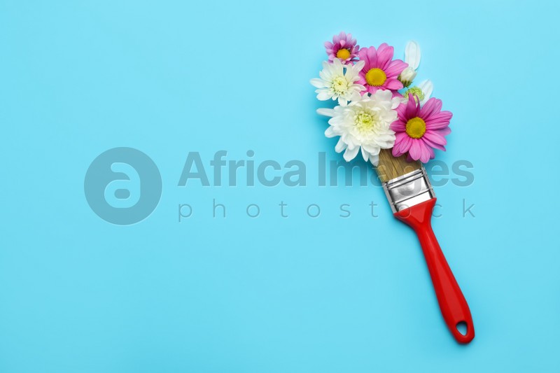 Brush painting with chrysanthemum flowers on light blue background, top view. Space for text. Creative concept