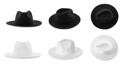 Set with different stylish hats on white background, banner design. Trendy headdress