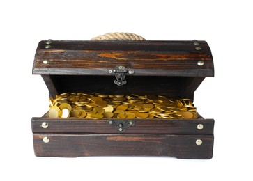 Open treasure chest with gold coins isolated on white
