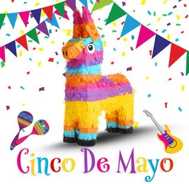 Image of Cinco de Mayo festive poster. Bright funny pinata on light background