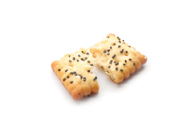 Broken delicious crispy cracker with poppy and sesame seeds isolated on white