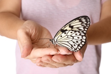 Photo of Woman holding beautiful rice paper butterfly on white background, closeup