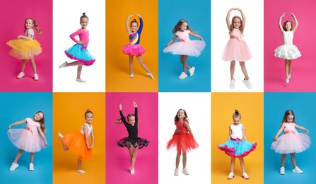 Image of Collage with photos of cute little girls dancing on different color backgrounds