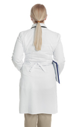 Doctor in clean uniform with clipboard on white background