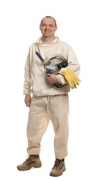 Photo of Beekeeper in uniform with tools on white background