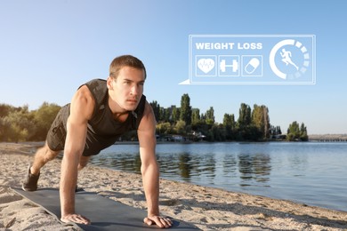 Weight loss concept. Sporty man doing straight arm plank exercise on beach