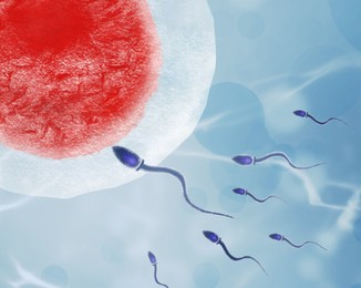 Illustration of Cryopreservation of genetic material. Sperm cells and ovum on light blue background, frost effect