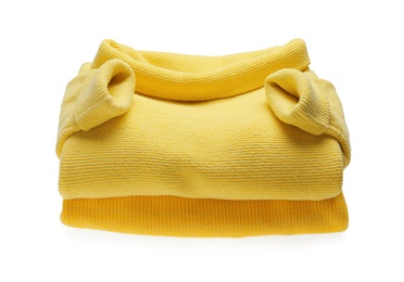 Photo of Yellow woolen sweaters on white background. Warm clothes