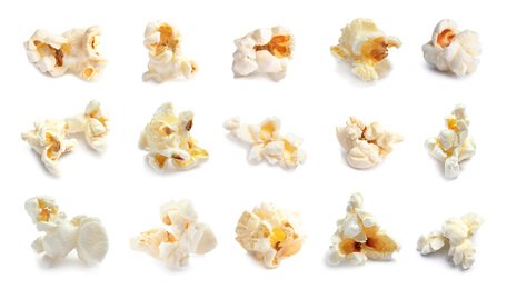 Set of delicious popcorn on white background. Banner design