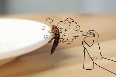Pest control. Using household insecticide to kill cockroach at home, closeup. Illustration