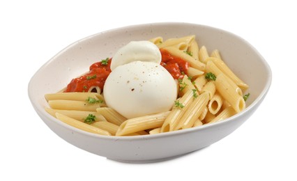 Delicious pasta with burrata cheese and sauce in bowl isolated on white