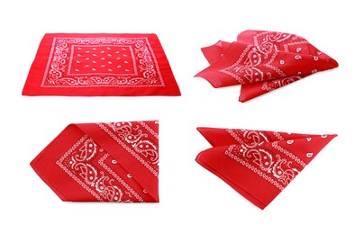 Image of Red bandanas with paisley pattern on white background, collage