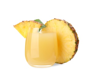 Photo of Delicious fresh pineapple juice with mint isolated on white