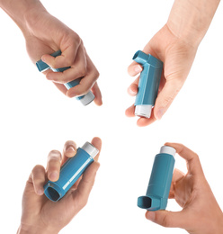 Collage with photos of people holding asthma inhalers on white background, closeup