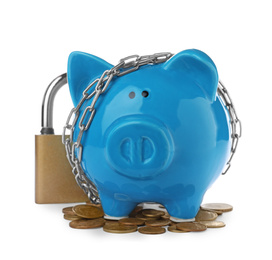 Piggy bank with steel chain, padlock and coins isolated on white. Money safety concept