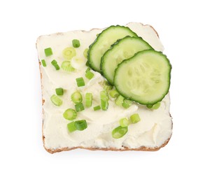 Photo of Delicious sandwich with cream cheese, cucumber and chives isolated on white, top view