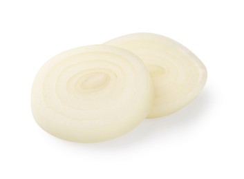 Photo of Pieces of fresh onion on white background