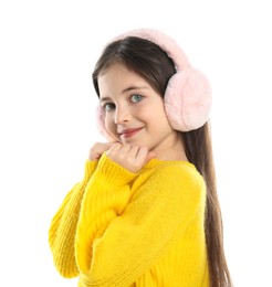 Cute girl wearing stylish earmuffs on white background