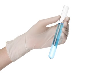 Scientist in gloves holding test tube with light blue liquid on white background, closeup