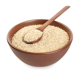 Photo of Bowl and spoon with quinoa on white background