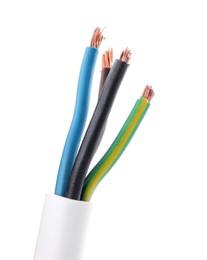 Colorful cables in jacket on white background, closeup. Electrician's supply