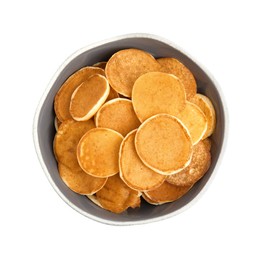 Delicious mini pancakes cereal on white background, top view