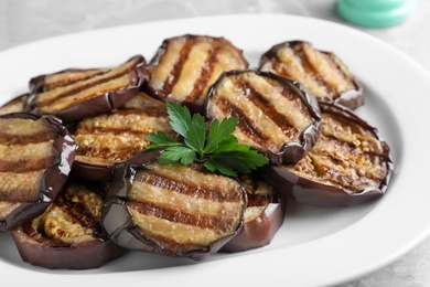 Delicious grilled eggplant slices on plate, closeup