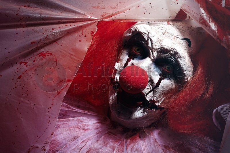 Terrifying clown staring through hole in torn bloodstained plastic film, closeup. Halloween party costume
