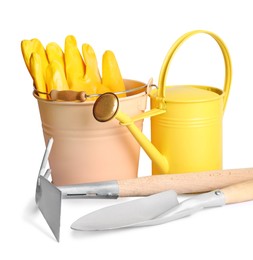 Photo of Watering can and gardening tools on white background