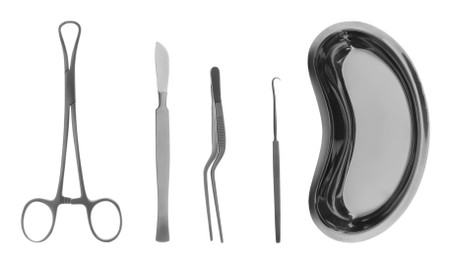 Set with different surgical instruments on white background. Banner design 