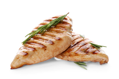 Tasty grilled chicken fillets and rosemary isolated on white