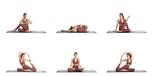 Young woman practicing yoga on white background, collage. Banner design 