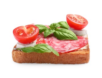 Tasty toast with cream cheese, tomato, salami and basil on white background