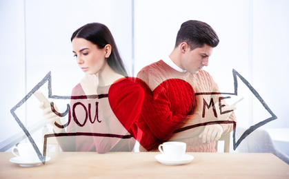 Double exposure of couple addicted to smartphones ignoring each other, red heart and arrows. Relationship problems